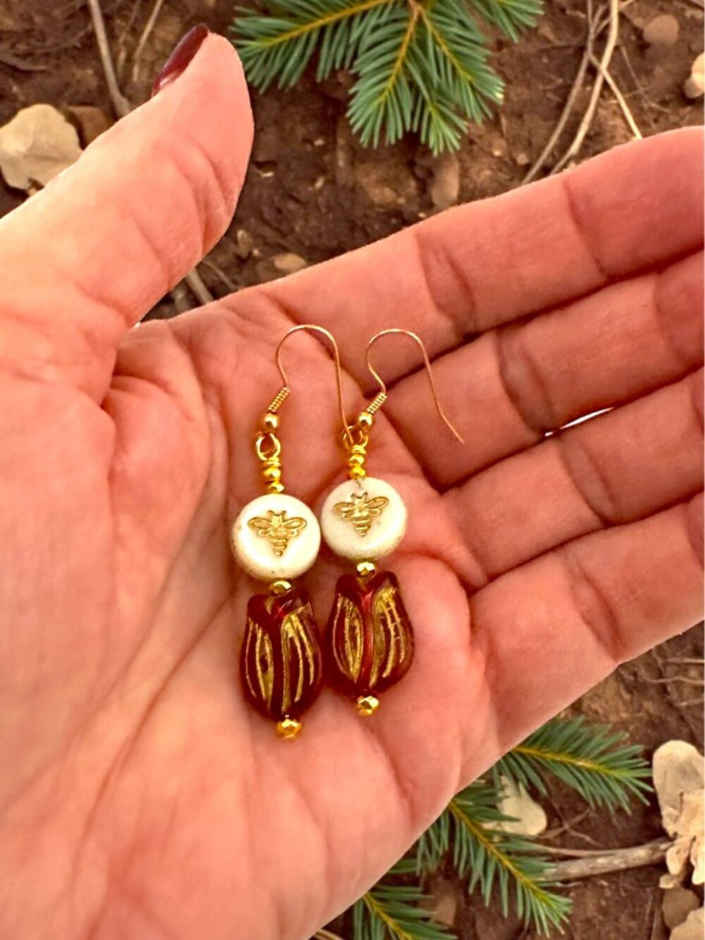 Czech Glass Bee Tulip Earrings Garnet Red Floral Dangle Cottagecore Boho - Picture 9 of 10